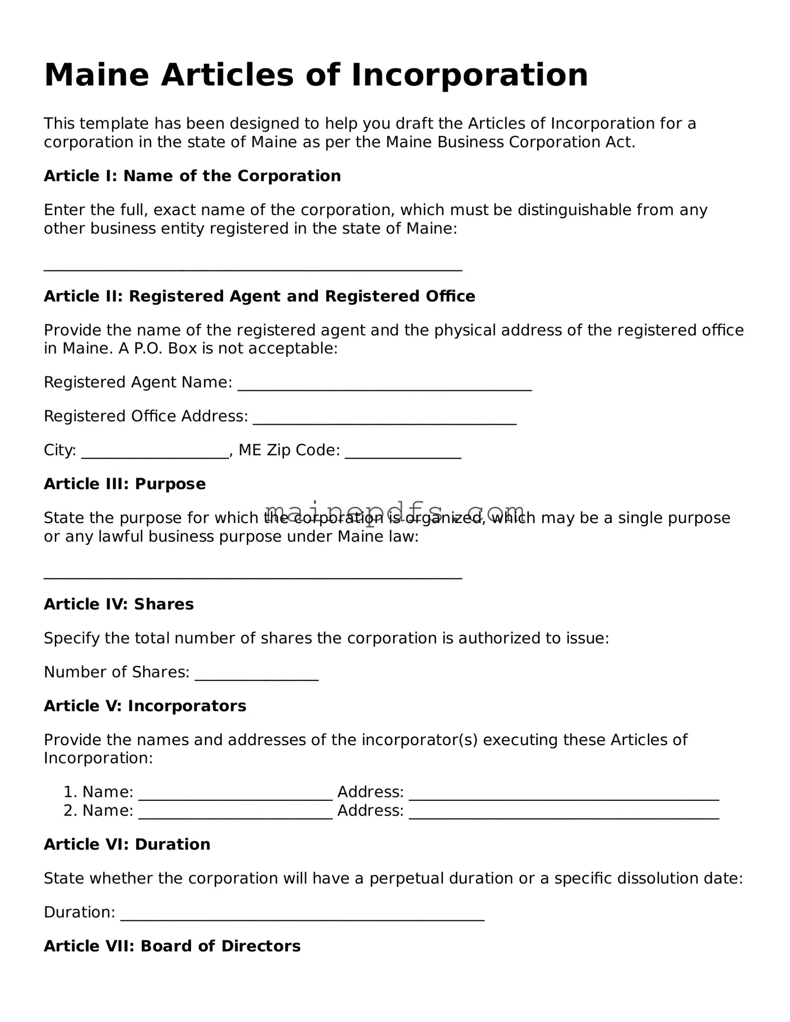 Attorney-Approved Maine Articles of Incorporation Template