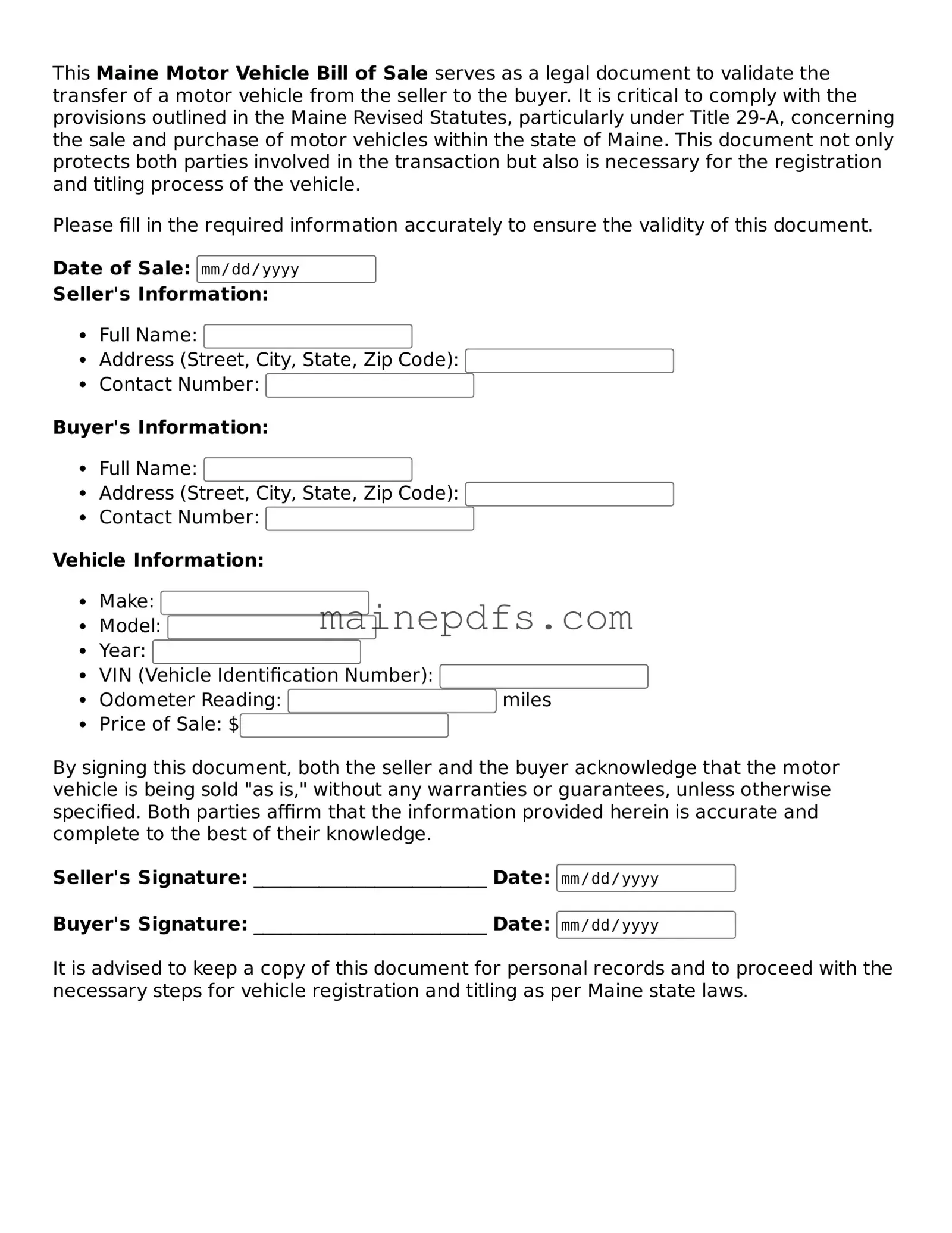 Attorney-Approved Maine Motor Vehicle Bill of Sale Template