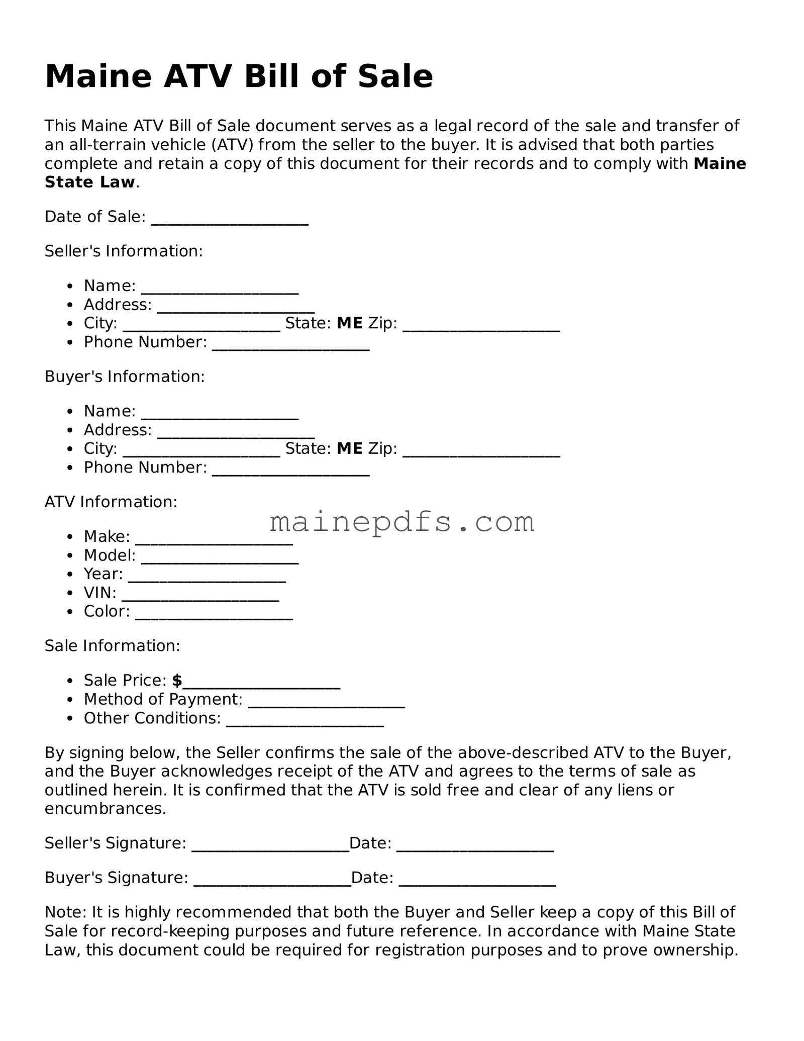Attorney-Approved Maine ATV Bill of Sale Template