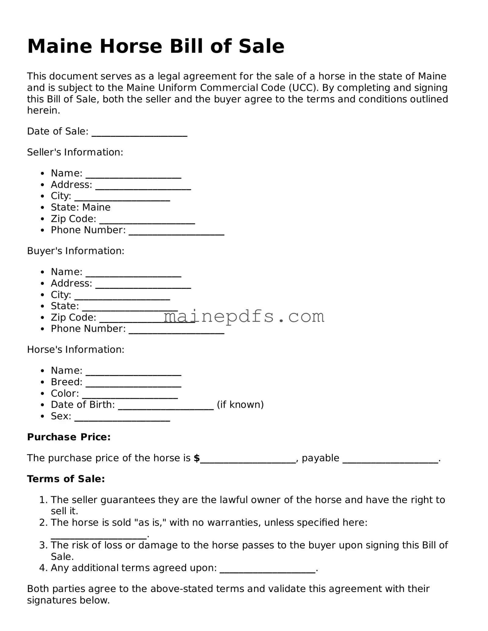 Attorney-Approved Maine Horse Bill of Sale Template