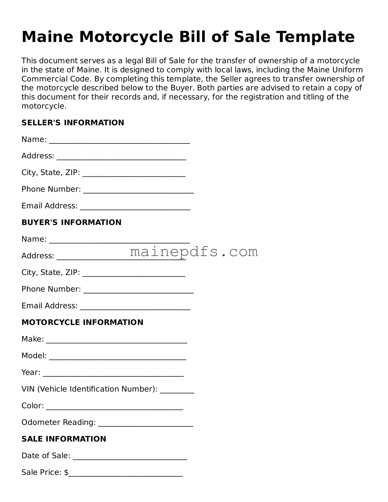 Attorney-Approved Maine Motorcycle Bill of Sale Template