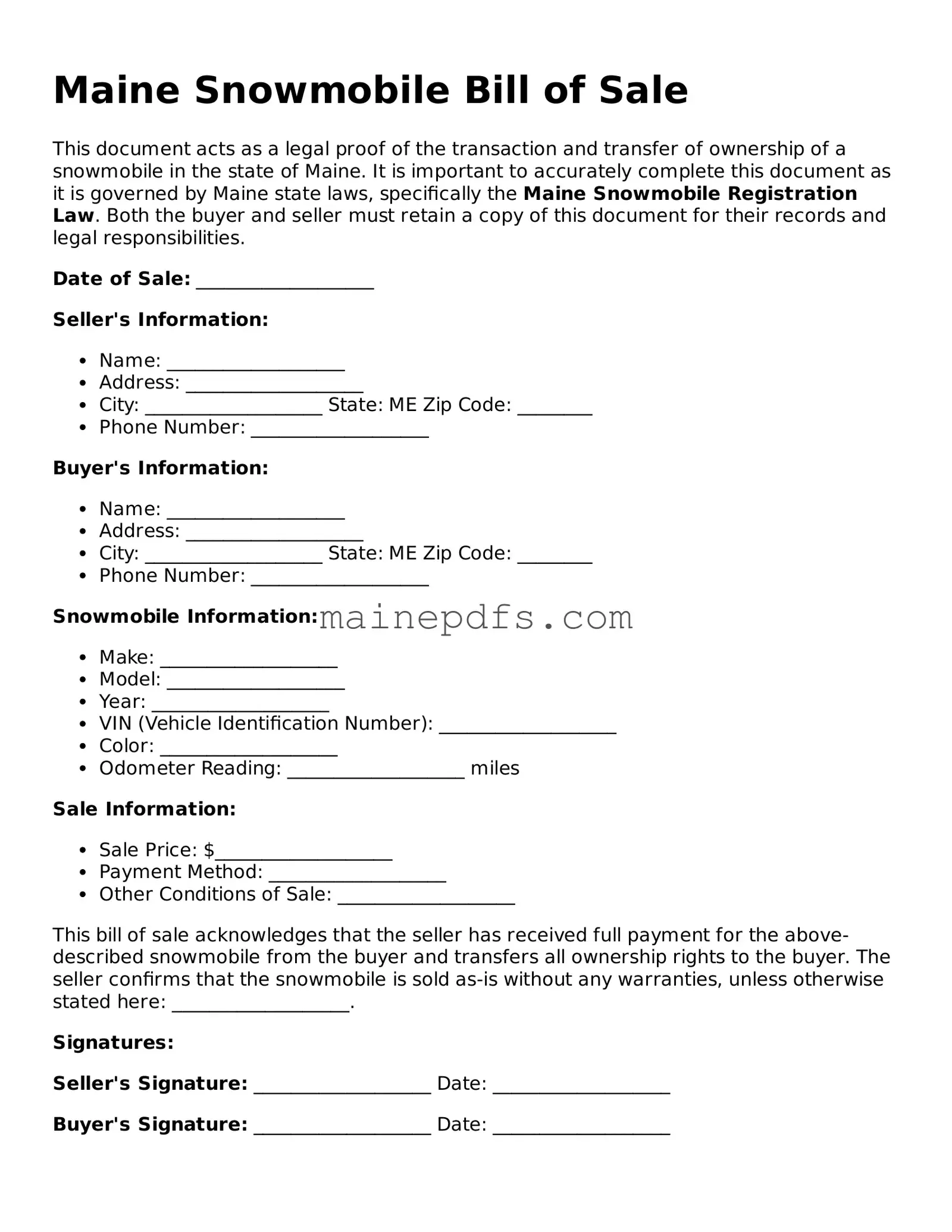 Attorney-Approved Maine Snowmobile Bill of Sale Template