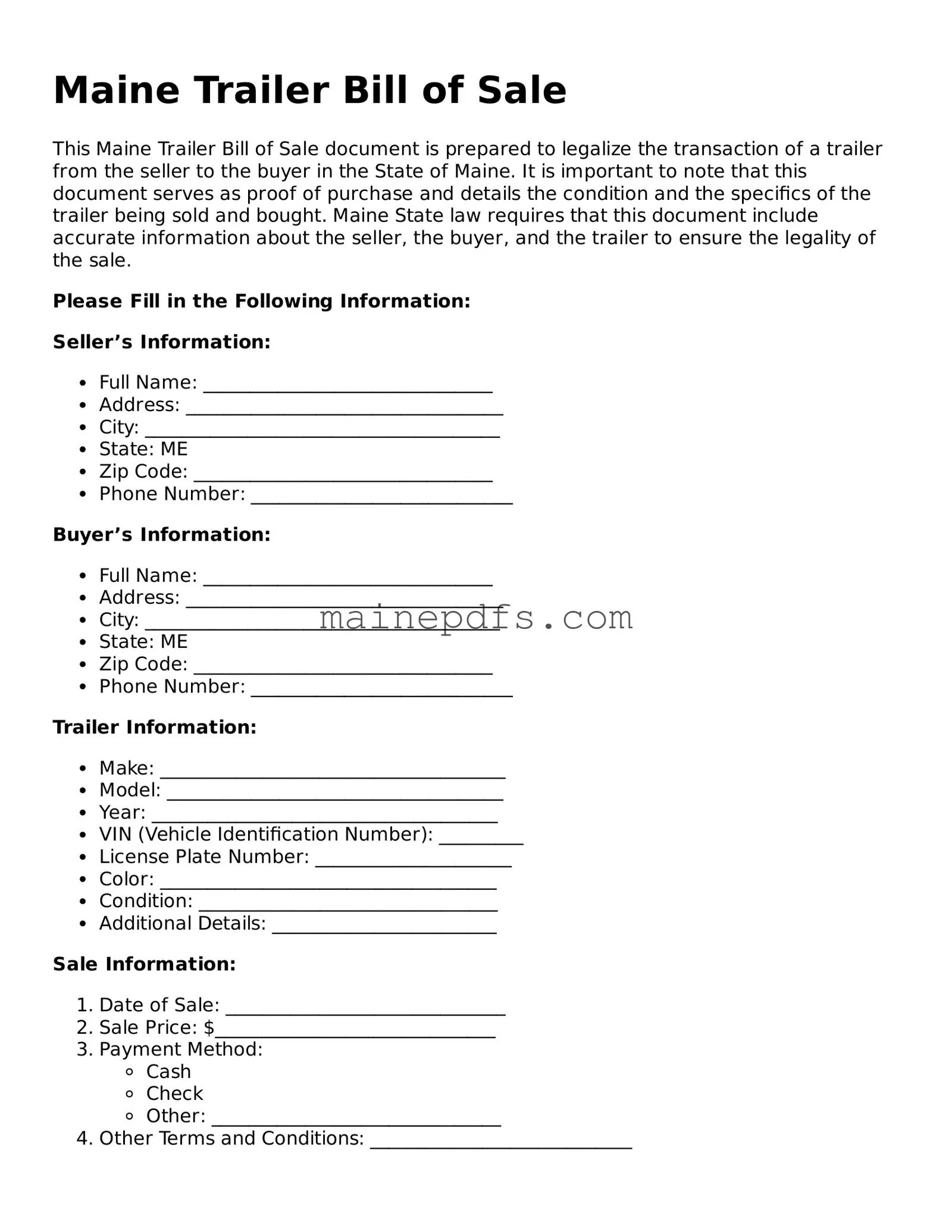 Attorney-Approved Maine Trailer Bill of Sale Template