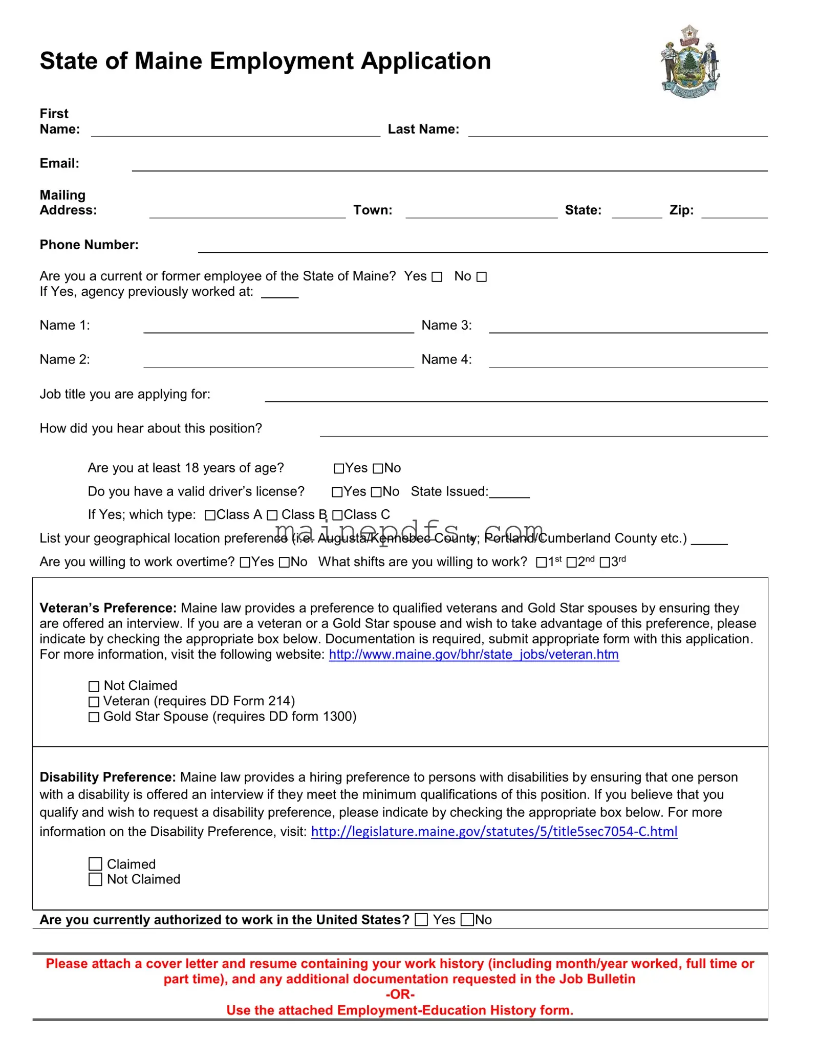 Download Maine Employment Application Template in PDF