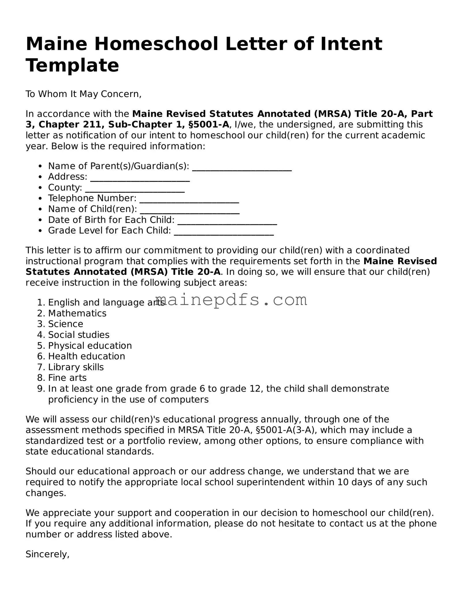 Attorney-Approved Maine Homeschool Letter of Intent Template