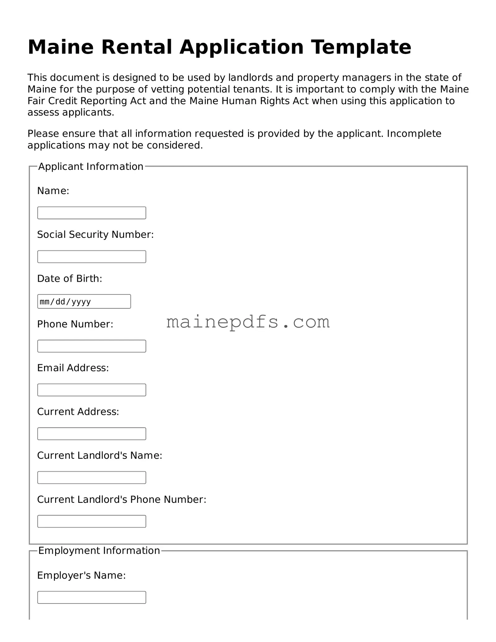 Attorney-Approved Maine Rental Application Template