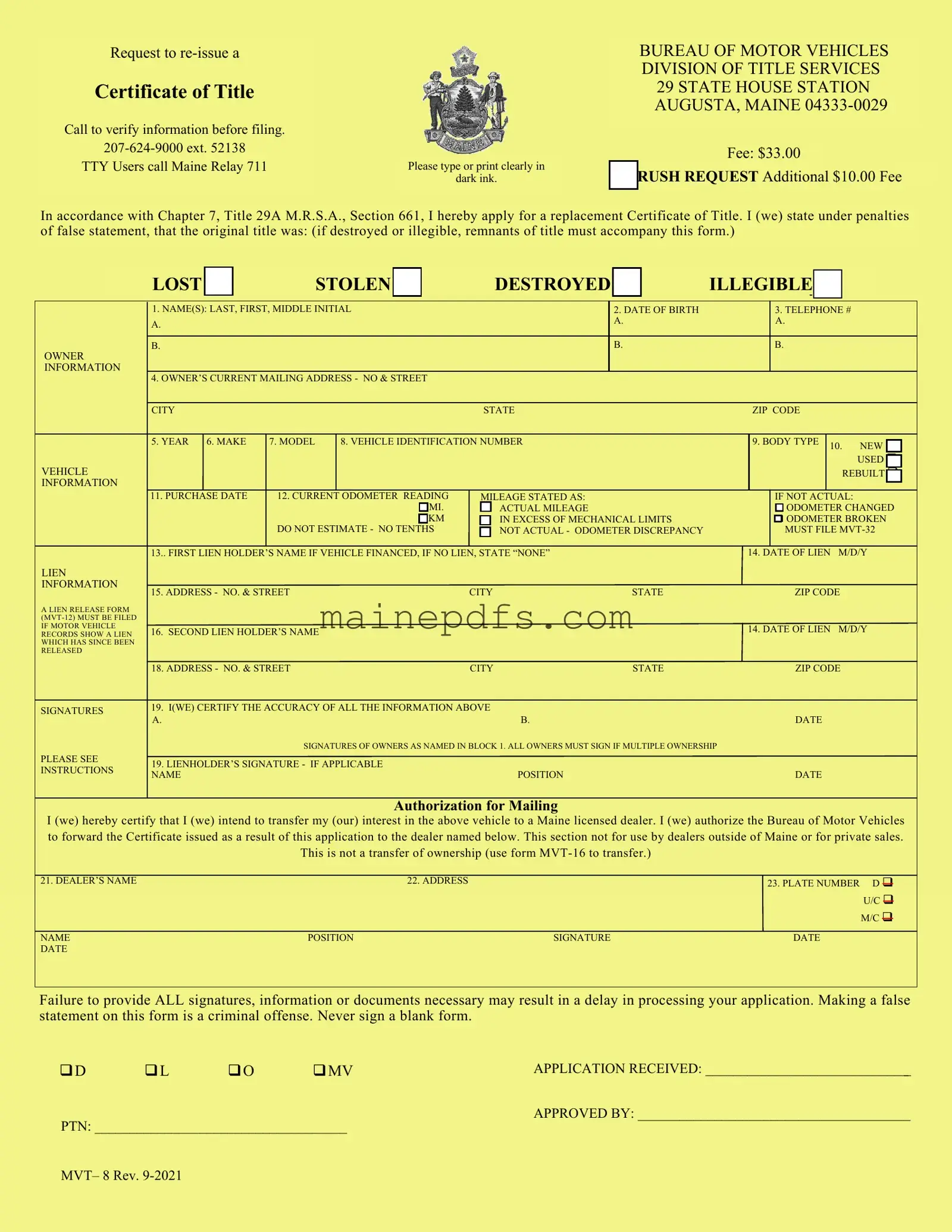 Download Maine Mvt 8 Template in PDF