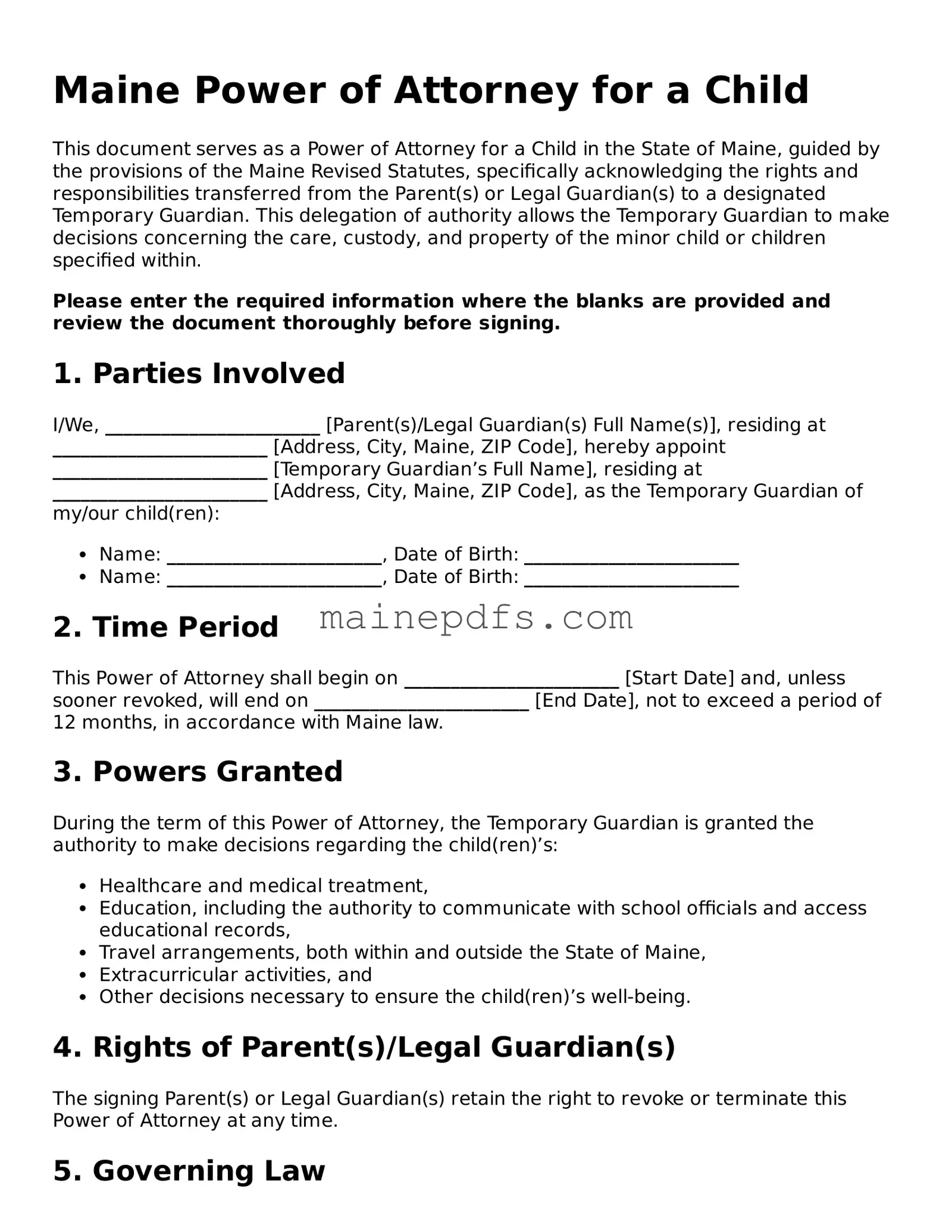 Attorney-Approved Maine Power of Attorney for a Child Template