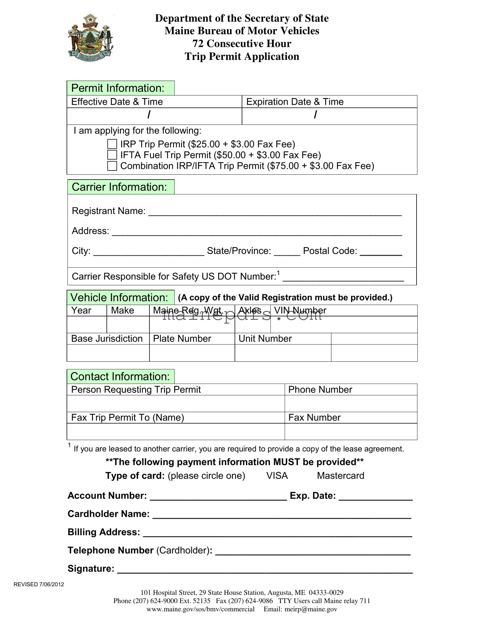 Download Maine Trip Permit Application Template in PDF