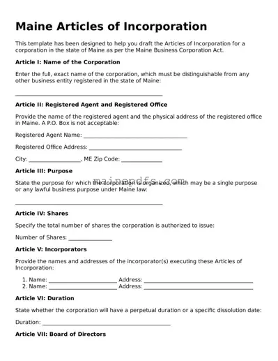 Attorney-Approved Maine Articles of Incorporation Template