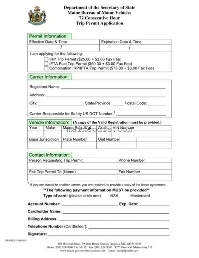 Download Maine Trip Permit Application Template in PDF